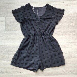Angashion Black Shorts Romper Womens Medium Swiss Dot Short Sleeves Snaps Summer